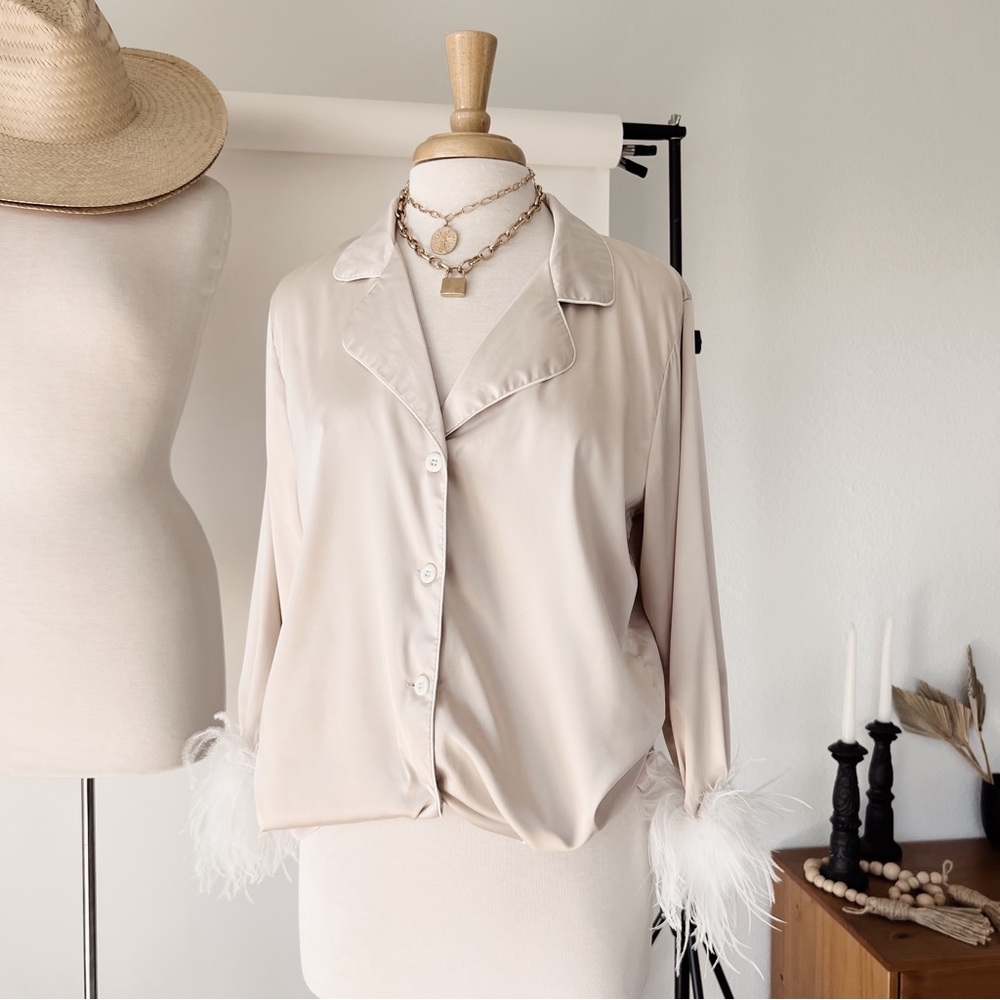 SOLD ❌ CREAM FEATHER DETAILED SILKY BLOUSE - Picture 7 of 13